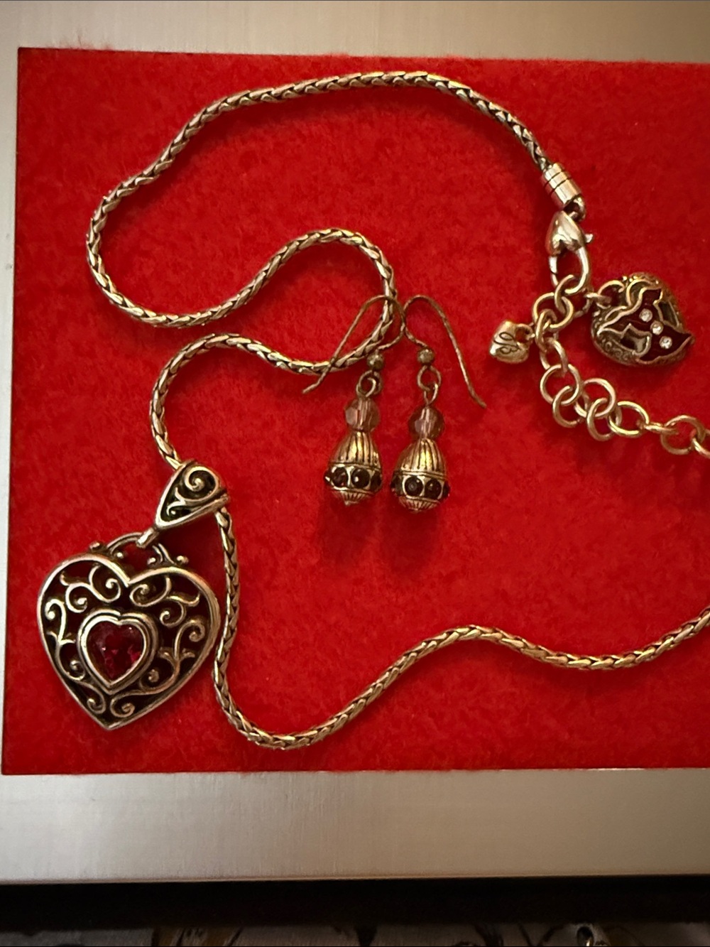 Brighton Red Heart Necklace + Earrings Set - Scroll Filigree Heart Pendant